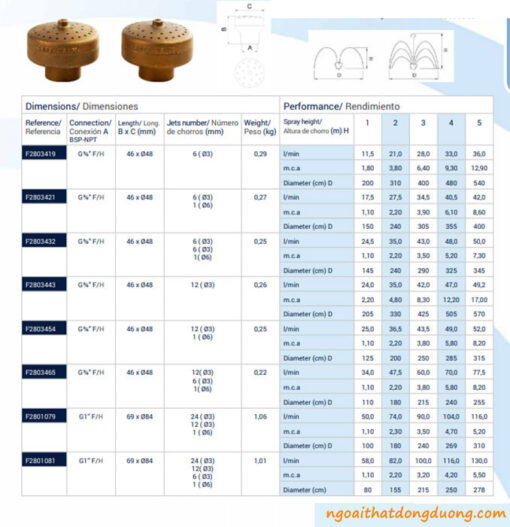 Thông số kỹ thuật vòi phun Crown Jet